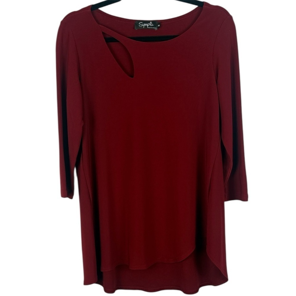 Sympli Classic Chic Burgundy Asymmetrical Cut Out 3/4 Sleeve Size 8 Tunic Blouse